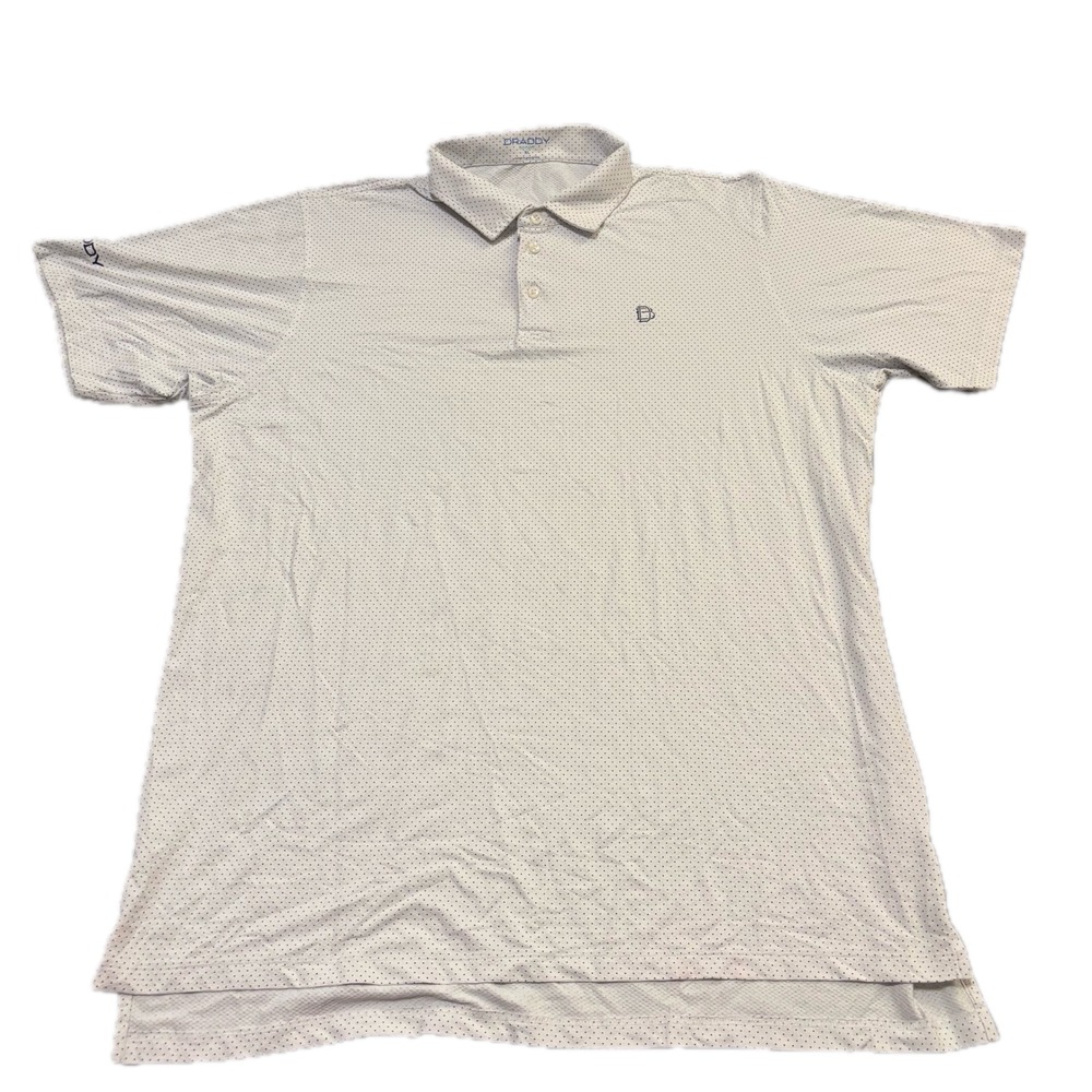 B. Draddy Sport Mens XL Polo Shirt Short Sleeve Polka Dot White Blue Performance